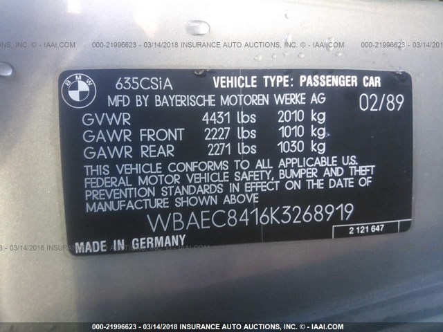 WBAEC8416K3268919 - 1989 BMW 635 CSI AUTOMATIC Gümüş fotoğraf 9