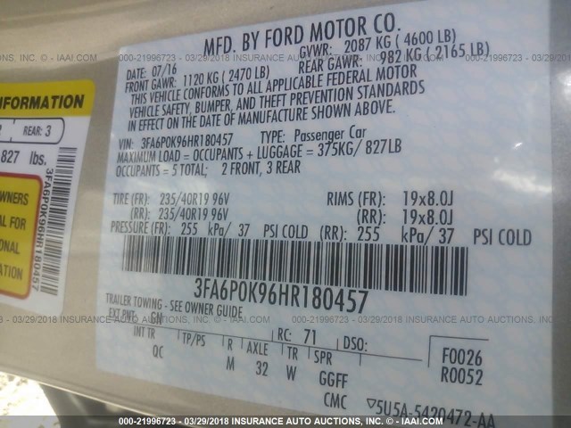 3FA6P0K96HR180457 - 2017 FORD FUSION TITANIUM SILVER photo 9