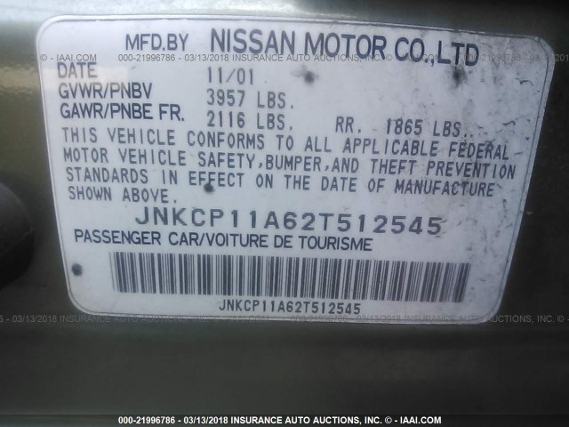 JNKCP11A62T512545 - 2002 INFINITI G20 GREEN photo 9