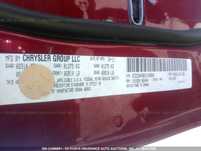 2C3CDXHG8CH128664 - 2012 DODGE CHARGER SXT RED photo 9