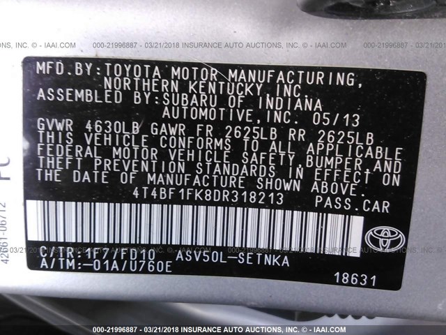 4T4BF1FK8DR318213 - 2013 TOYOTA CAMRY L/SE/LE/XLE SILVER photo 9