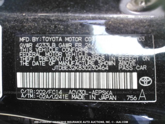 JTDBE32K830230464 - 2003 TOYOTA CAMRY LE/XLE 黑色 照片 9