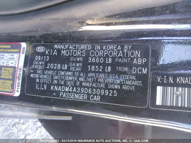 KNADM4A39D6309925 - 2013 KIA RIO LX BLACK photo 9