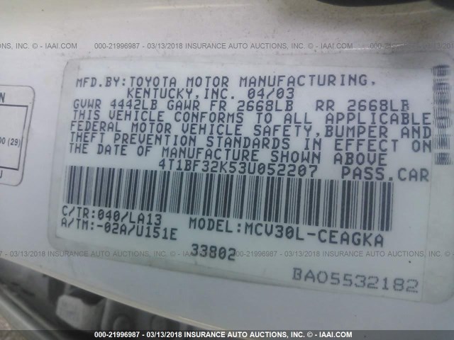 4T1BF32K53U052207 - 2003 TOYOTA CAMRY LE/XLE/SE WHITE photo 9