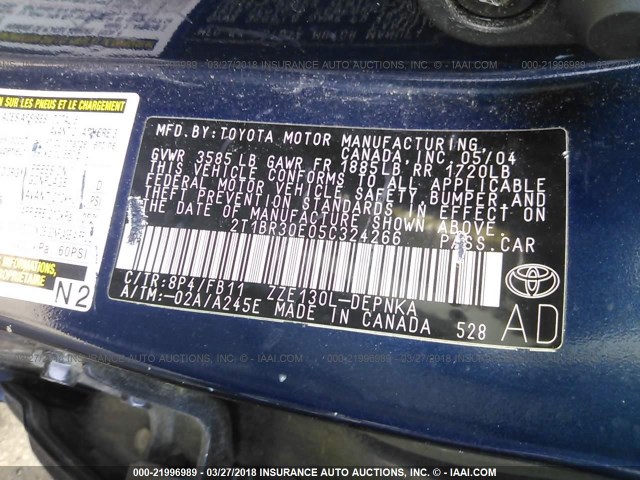 2T1BR30E05C324266 - 2005 TOYOTA COROLLA CE/LE/S BLUE photo 9