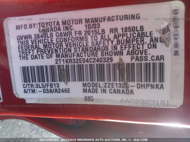 2T1KR32E04C240329 - 2004 TOYOTA COROLLA MATRIX XR RED photo 9