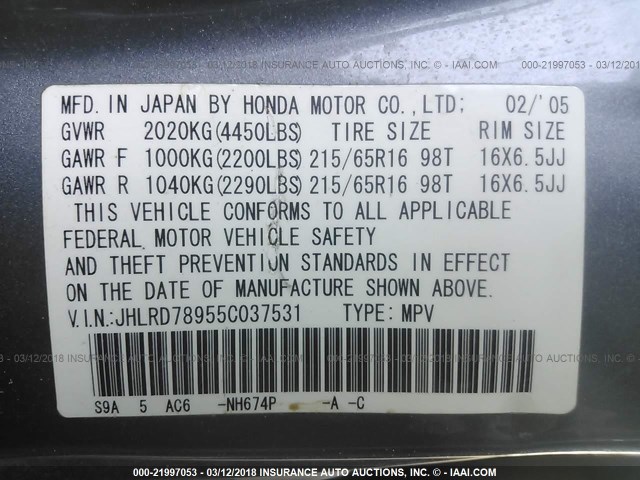 JHLRD78955C037531 - 2005 HONDA CR-V SE/EX GRAY photo 9