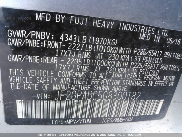 JF2GPADC5G8300182 - 2016 SUBARU CROSSTREK PREMIUM ლურჯი ფოტო 9