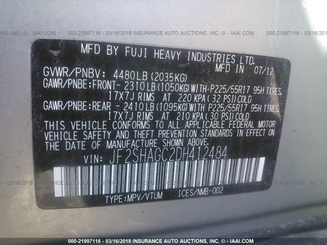 JF2SHAGC2DH412484 - 2013 SUBARU FORESTER TOURING 银色 照片 9