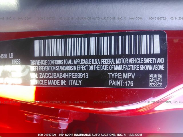 ZACCJBAB4HPE69913 - 2017 JEEP RENEGADE SPORT Կարմիր լուսանկար 9