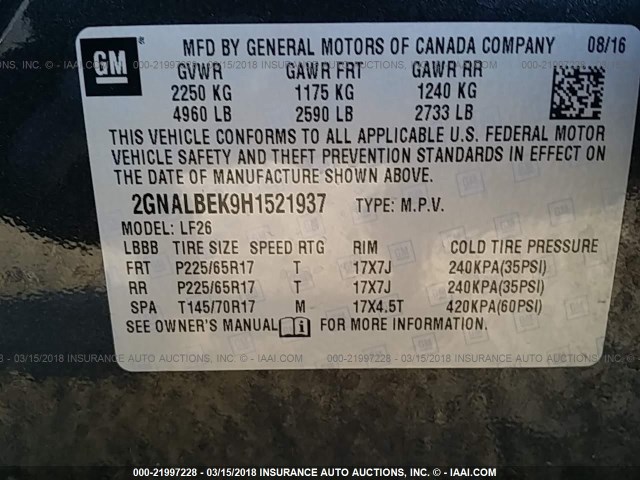 2GNALBEK9H1521937 - 2017 CHEVROLET EQUINOX LS GRAY photo 9