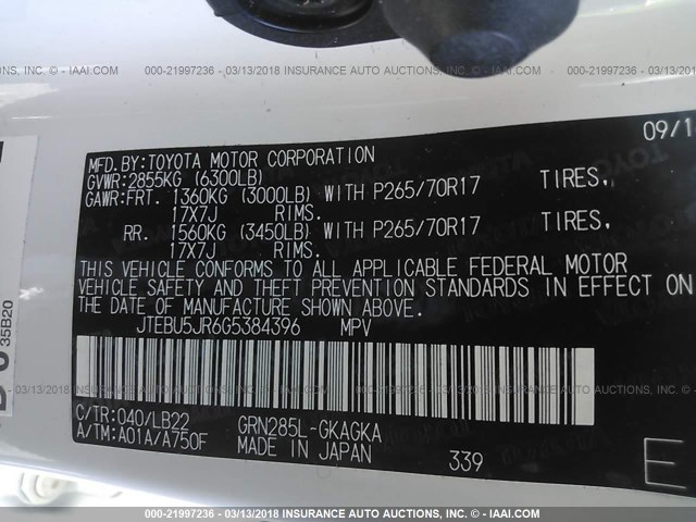 JTEBU5JR6G5384396 - 2016 TOYOTA 4RUNNER SR5 PREM/LTDL/TRAIL/TRD WHITE photo 9