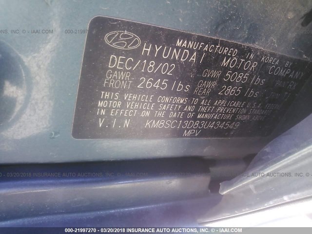 KM8SC13D83U434549 - 2003 HYUNDAI SANTA FE GLS/LX TEAL photo 9