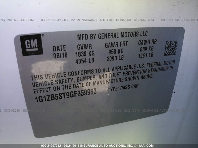 1G1ZB5ST9GF359983 - 2016 CHEVROLET MALIBU LS თეთრი ფოტო 9