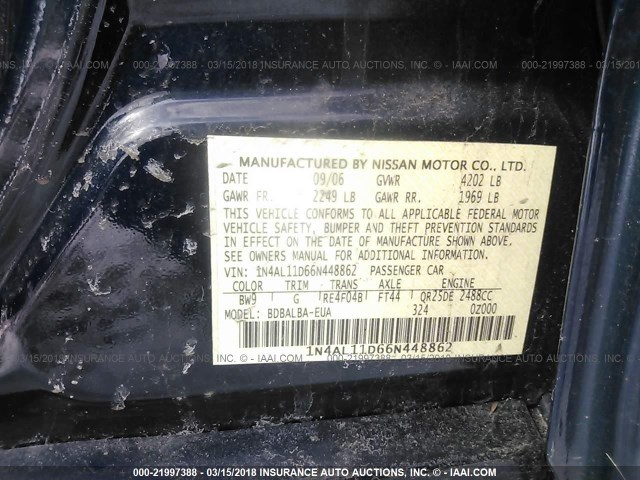 1N4AL11D66N448862 - 2006 NISSAN ALTIMA S/SL BLUE photo 9