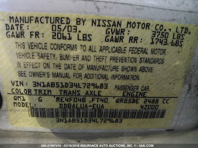 3N1AB51D34L729683 - 2004 NISSAN SENTRA SE-R SPEC V WHITE photo 9