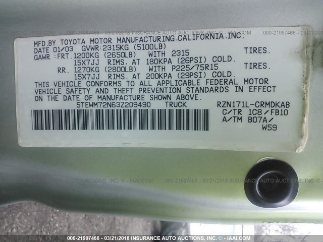 5TEWM72N63Z209490 - 2003 TOYOTA TACOMA XTRACAB SILVER photo 9