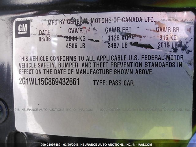 2G1WL15C869432661 - 2006 CHEVROLET MONTE CARLO SS BLACK photo 9