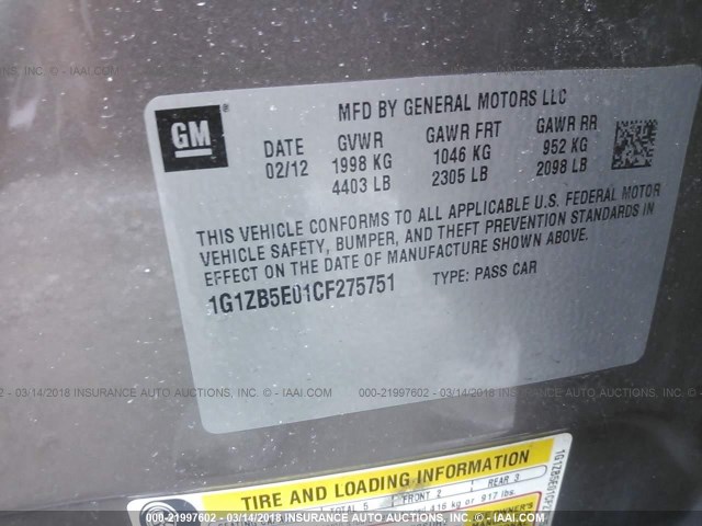 1G1ZB5E01CF275751 - 2012 CHEVROLET MALIBU LS 棕色 照片 9