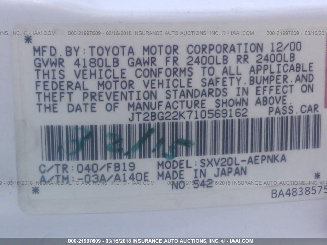 JT2BG22K710569162 - 2001 TOYOTA CAMRY CE/LE/XLE WHITE photo 9