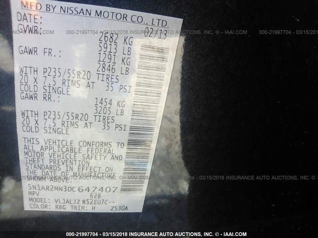 5N1AR2MN3DC647407 - 2013 NISSAN PATHFINDER S/SV/SL/PLATINUM 蓝色 照片 9