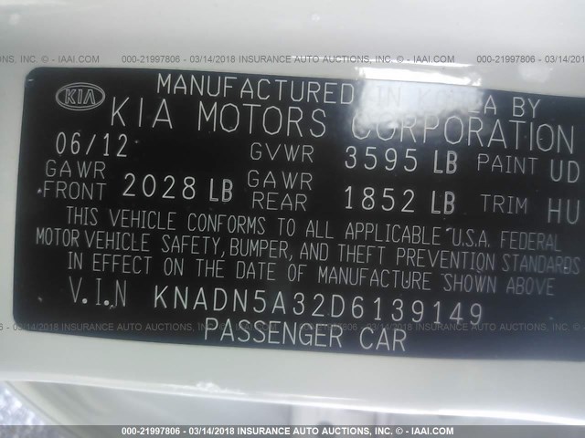 KNADN5A32D6139149 - 2013 KIA RIO EX/SX WHITE photo 9