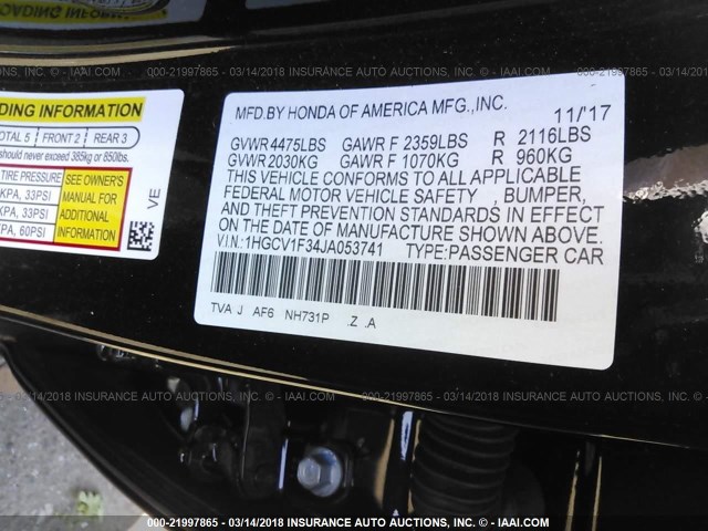 1HGCV1F34JA053741 - 2018 HONDA ACCORD SPORT 黑色 照片 9