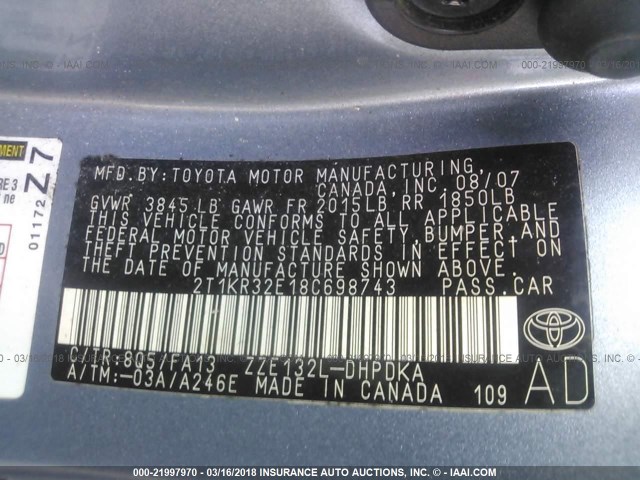 2T1KR32E18C698743 - 2008 TOYOTA COROLLA MATRIX XR BLUE photo 9