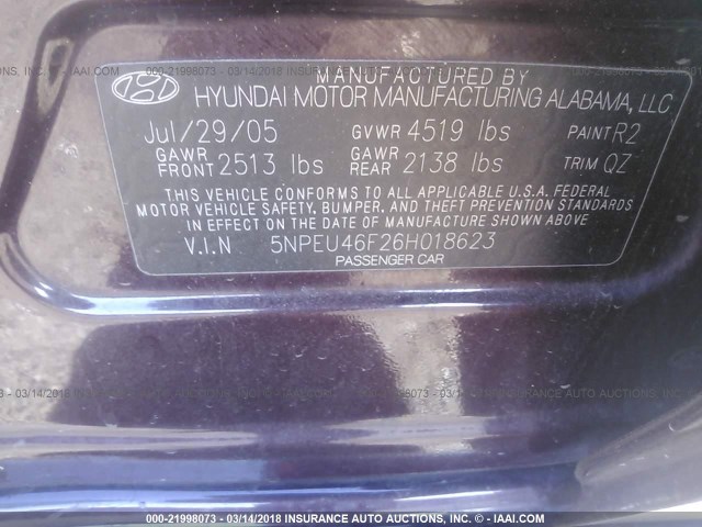 5NPEU46F26H018623 - 2006 HYUNDAI SONATA GLS/LX PURPLE photo 9