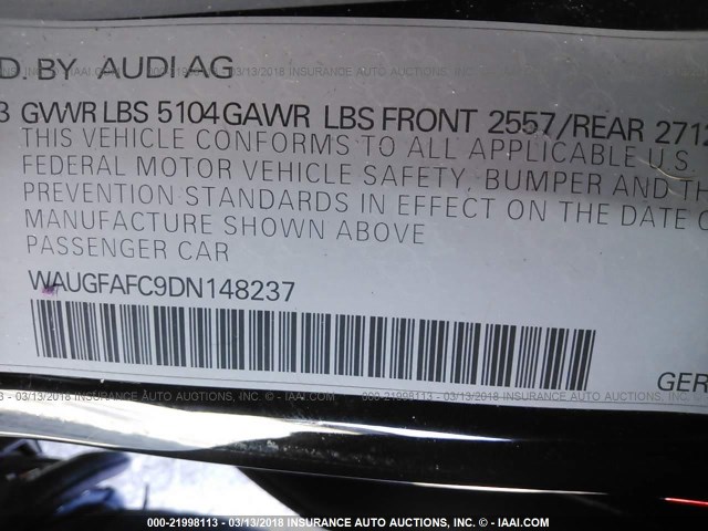 WAUGFAFC9DN148237 - 2013 AUDI A6 PREMIUM PLUS BLACK photo 9