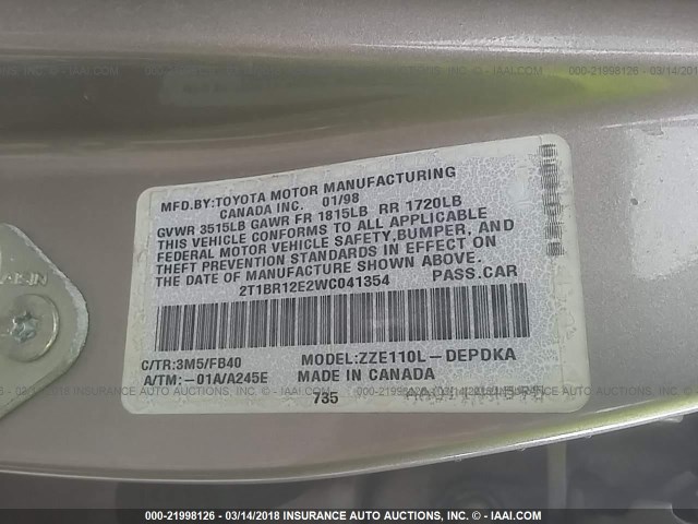 2T1BR12E2WC041354 - 1998 TOYOTA COROLLA VE/CE/LE 米色 照片 9