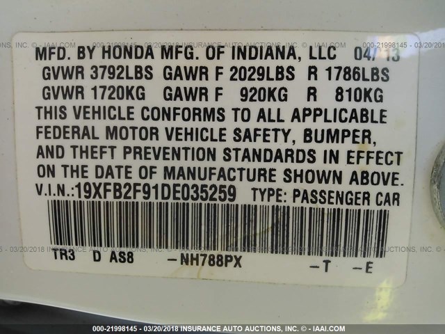 19XFB2F91DE035259 - 2013 HONDA CIVIC EXL WHITE photo 9