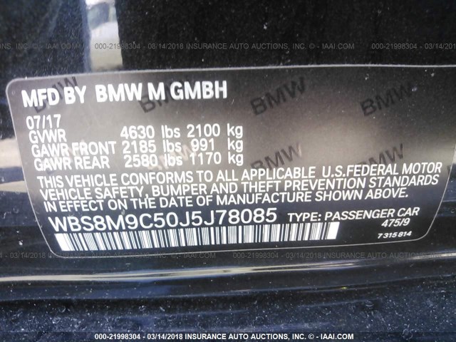 WBS8M9C50J5J78085 - 2018 BMW M3 BLACK photo 9