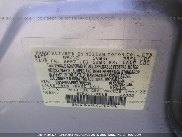 3N1AB6AP6CL706526 - 2012 NISSAN SENTRA 2.0/2.0S/SR/2.0SL SILVER photo 9