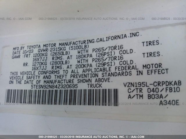 5TESN92N84Z320695 - 2004 TOYOTA TACOMA XTRACAB PRERUNNER თეთრი ფოტო 9