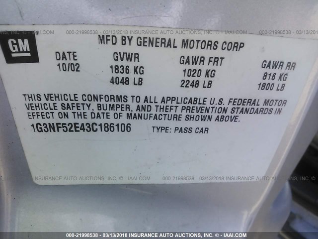 1G3NF52E43C186106 - 2003 OLDSMOBILE ALERO GLS GRAY photo 9