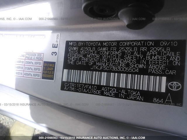 JTKJF5C73B3005504 - 2011 TOYOTA SCION TC 银色 照片 9