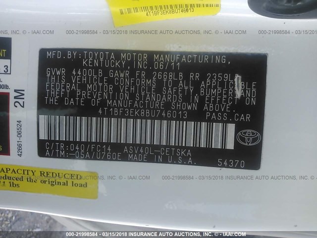 4T1BF3EK8BU746013 - 2011 TOYOTA CAMRY SE/LE/XLE WHITE photo 9