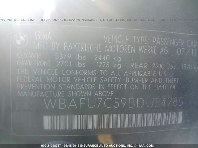WBAFU7C59BDU54285 - 2011 BMW 535 XI Negro foto 9