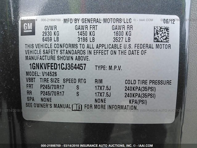 1GNKVFED1CJ364457 - 2012 CHEVROLET TRAVERSE LS GRAY photo 9