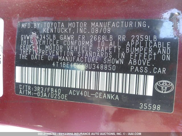 4T1BE46K49U348850 - 2009 TOYOTA CAMRY SE/LE/XLE RED photo 9
