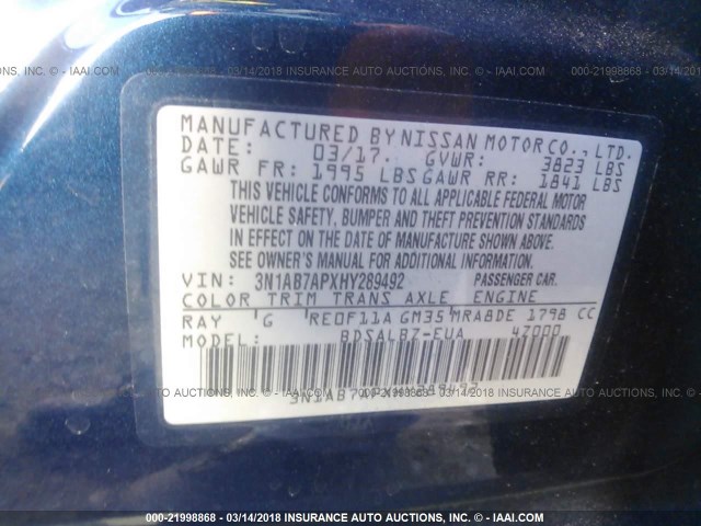 3N1AB7APXHY289492 - 2017 NISSAN SENTRA S/SV/SR/SL 深蓝色 照片 9