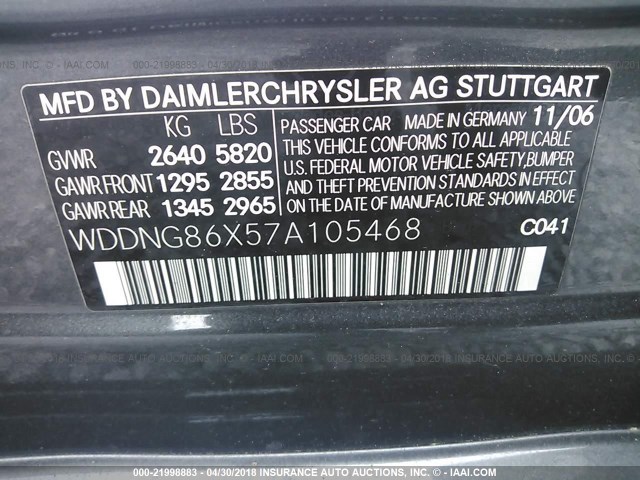 WDDNG86X57A105468 - 2007 MERCEDES-BENZ S 550 4MATIC GRAY photo 9