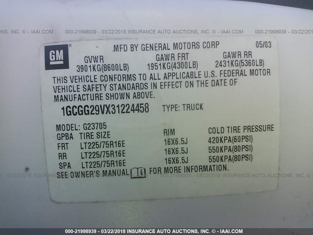 1GCGG29VX31224458 - 2003 CHEVROLET EXPRESS G2500  WHITE photo 9