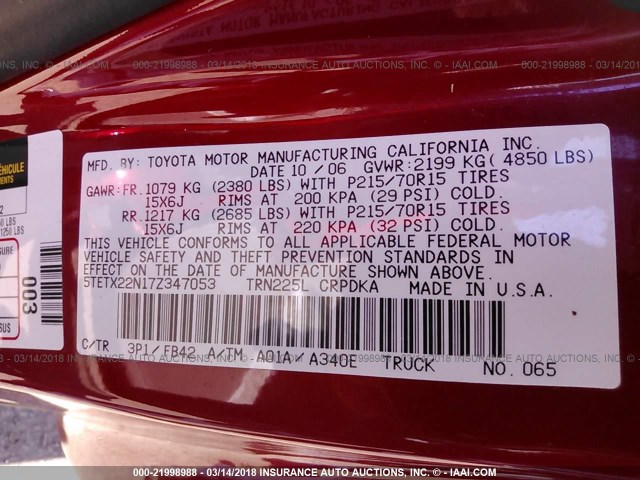 5TETX22N17Z347053 - 2007 TOYOTA TACOMA ACCESS CAB Марун фото 9