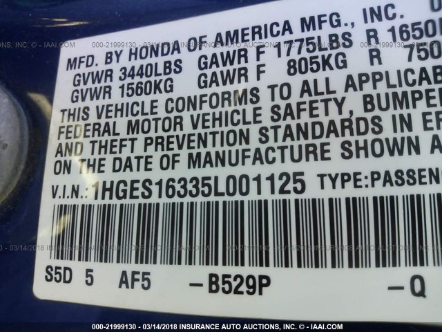 1HGES16335L001125 - 2005 HONDA CIVIC DX VP 蓝色 照片 9