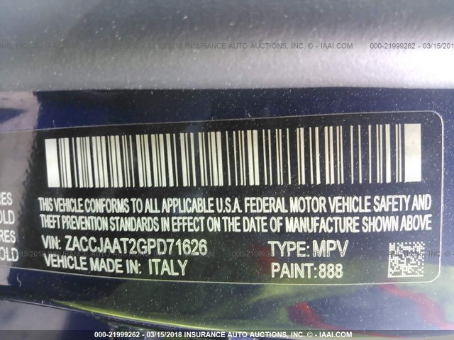 ZACCJAAT2GPD71626 - 2016 JEEP RENEGADE SPORT Կապույտ լուսանկար 9