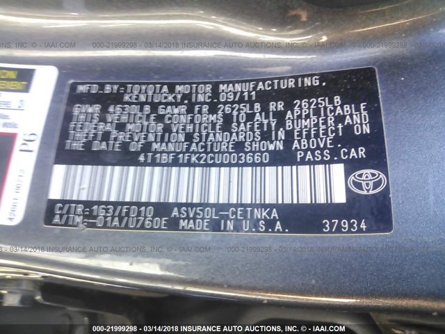 4T1BF1FK2CU003660 - 2012 TOYOTA CAMRY SE/LE/XLE GRAY photo 9