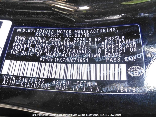 4T1BF1FK7HU671851 - 2017 TOYOTA CAMRY LE/XLE/SE/XSE BLACK photo 9