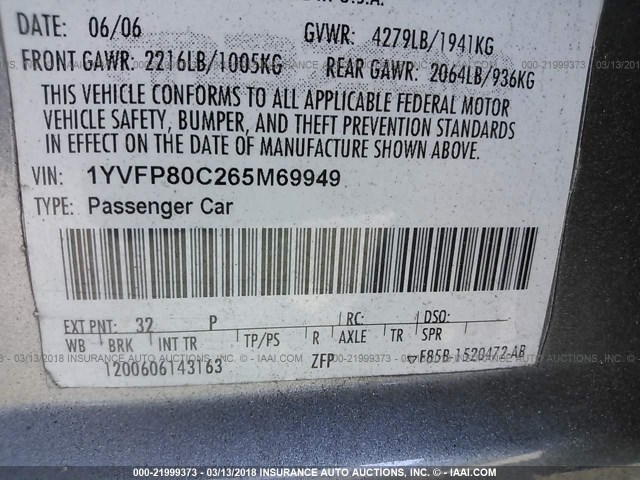 1YVFP80C265M69949 - 2006 MAZDA 6 I SILVER photo 9